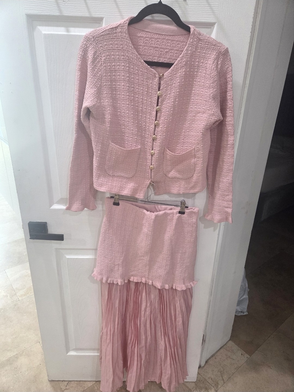 Pink Girls' Two-Piece Textured Jacket & Skirt Set
